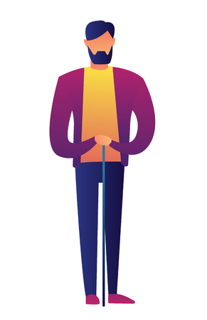 Senior man standing with a cane vector illustration. Healthcare and patient rehabilitation after illness, old age infirmity and disability, retirement concept. Isolated on white background.のイラスト素材