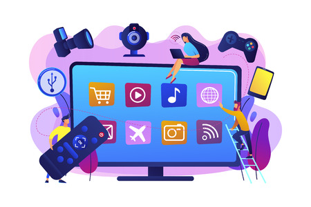 Tiny people using smart television connected to modern digital devices. Smart TV accessories, interractive TV entertainment, gaming TV tools concept. Bright vibrant violet vector isolated illustrationのイラスト素材