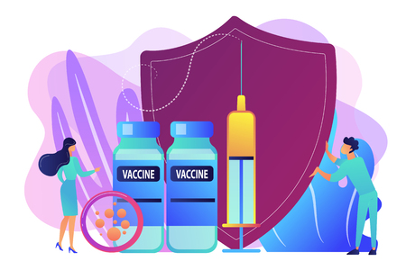 Tiny people doctors and syringe with vaccine, shield. Vaccination program, disease immunization vaccine, medical health protection concept. Bright vibrant violet vector isolated illustrationのイラスト素材
