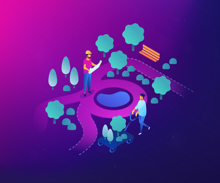 Tiny people landscape designer planning and gardener planting decorative plants. Landscape design, landscape planning, gardening services concept. Ultraviolet neon vector isometric 3D illustration.のイラスト素材