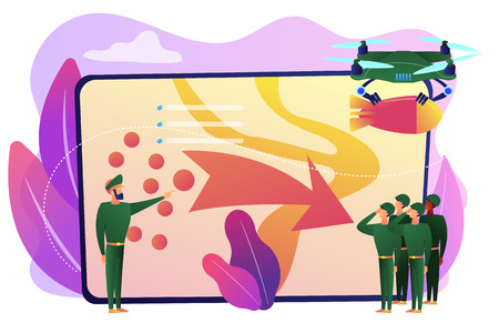 Soldiers looking at coordinated military actions and tactics, tiny people. Military operation, armed struggle, national security plan concept. Bright vibrant violet vector isolated illustrationのイラスト素材