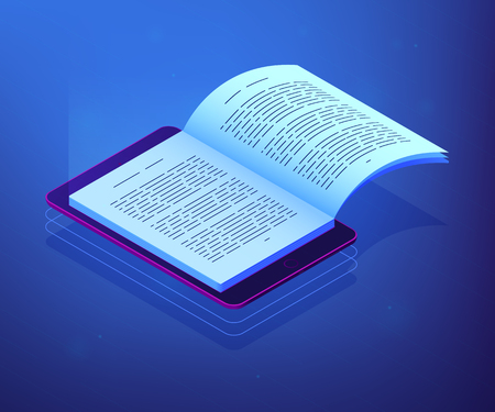 Open ebook on digital tablet screen for modern education and e-learning. Digital reading, e-classroom textbook, modern education concept. Ultraviolet neon vector isometric 3D illustration.のイラスト素材