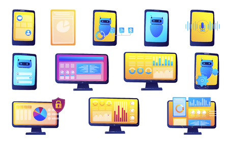 Computer data analysis and chatbot vector illustrations set. IT technology and business charts, smartphone virtual assistant concept. Vector illustrations set isolated on white background.のイラスト素材