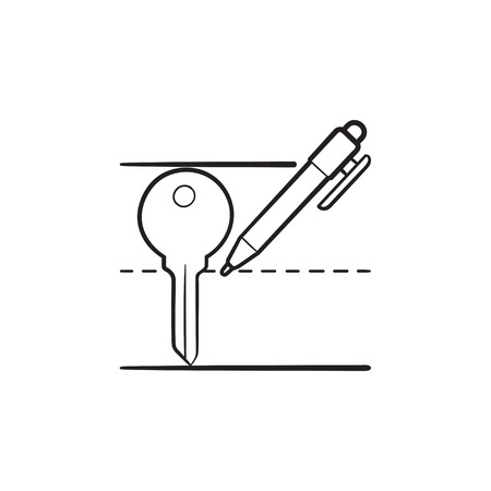 Draw a key with a pen hand drawn outline doodle icon. Keyword writing, search engine optimization, seo services concept. Vector sketch illustration for print, web, mobile and infographics on white background.のイラスト素材
