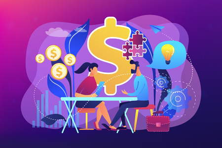 Salesperson suggesting a solution idea to consumers problem. Consultative sales, customer-oriented selling, trendy sales method concept. Bright vibrant violet vector isolated illustrationのイラスト素材