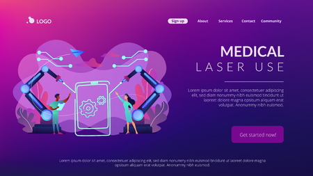 Lazer beams drawing outline of smartphone and engineers, tiny people. Laser technologies, optical communication systems, medical laser use concept. Website vibrant violet landing web page template.のイラスト素材