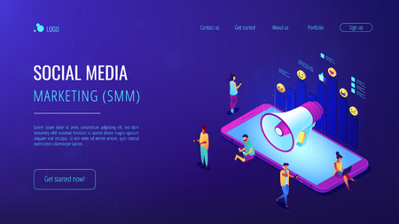 Social media marketing isometric 3D landing page.のイラスト素材