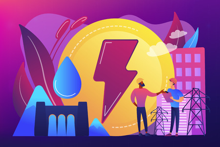 Engineers working at hydropower dam producing falling water energy. Hydropower electricity, water power, renewable sources concept. Bright vibrant violet vector isolated illustrationのイラスト素材
