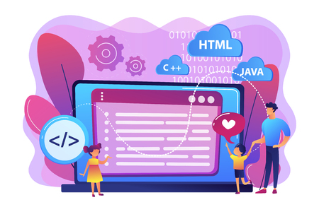 Tiny people, happy kids learning programming on huge laptop. Computer programming camp, computer science camp, cuber education course concept. Bright vibrant violet vector isolated illustrationのイラスト素材