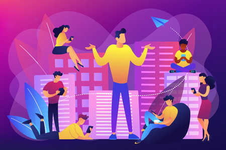 People in the city overusing mobile devices and a man feeling alone. Smartphone addiction, digital disorder, mobile device addiction concept. Bright vibrant violet vector isolated illustrationのイラスト素材