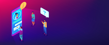 Customers asking for information electronic support in mobile phone. Customer self-service, e-support system, electronic customer support concept. Isometric 3D banner header template copy space.のイラスト素材