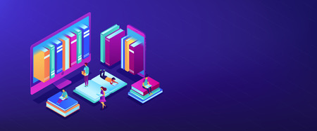 Huge computer and smartphone with a lot of books and students using e-library. E-library, online education materials, media files library concept. Isometric 3D banner header template copy space.の素材 [FY310124570150]