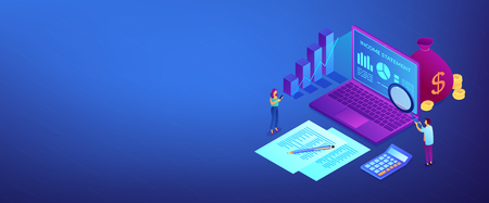 Financial analysts with magnifier and laptop counting income statement. Income statement, company financial statement, balance sheet concept. Isometric 3D banner header template copy space.のイラスト素材