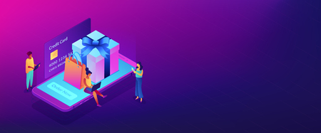 Customers with gadgets order now and buy presents on smartphone screen. Online gift purchase, gift shop application, mobile purchase concept. Isometric 3D banner header template copy space.のイラスト素材
