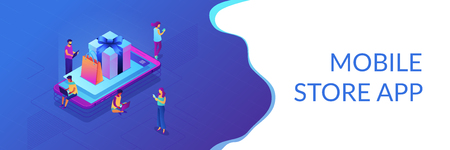 Buyers with digital devices shopping with mobile app at smartphone with gifts. Mobile store app, gift-buying application, mobile gift shop concept. Isometric 3D banner header template copy space.のイラスト素材