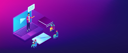 Business people watching online professional presentation on laptop. Online presentation, professional conference, web meeting room concept. Isometric 3D banner header template copy space.のイラスト素材