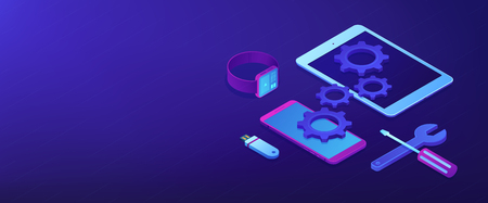Tablet, smartphone and smartwatch with gears and tools need repair. Mobile device repair, tablet service and setup, smartwatch repair concept. Isometric 3D banner header template copy space.のイラスト素材