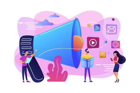 Tiny peple, marketing manager with megaphone and push advertising. Push advertising, traditional marketing strategy, interruption marketing concept. Bright vibrant violet vector isolated illustrationのイラスト素材