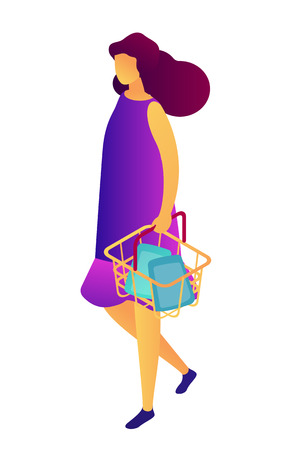 Female customer holding shopping basket, tiny people isometric 3D illustration. Shopping daily products, shopper and supermarket buyer, consumer and sale concept. Isolated on white background.のイラスト素材