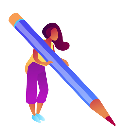 Businesswoman holding big pencil and writing, tiny people isometric 3D illustration. Copywriter and blogger, interviewer and journalist, writer and editor concept. Isolated on white background.のイラスト素材