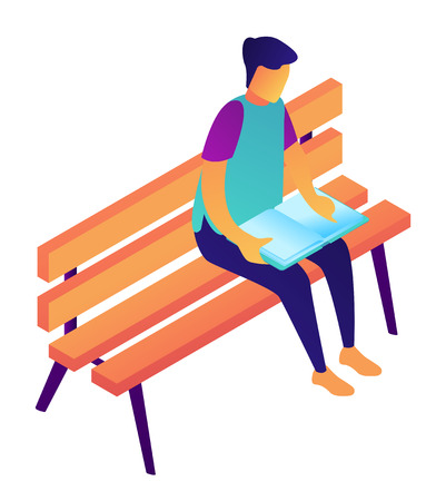 Male student reading a book sitting on a bench, tiny people isometric 3D illustration. Education, reading outdoors, preparing for exam and studying concept. Isolated on white background.のイラスト素材