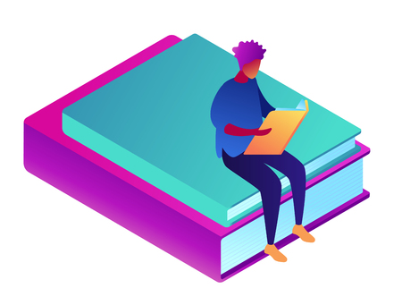 Male student learning and sitting on books, tiny people isometric 3D illustration. Education and school, study and literature, knowledge and library concept. Isolated on white background.のイラスト素材