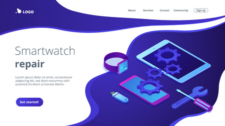 Tablet, smartphone and smartwatch with gears and tools need repair. Mobile device repair, tablet service and setup, smartwatch repair concept. Isometric 3D website app landing web page templateのイラスト素材