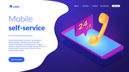 Mobile phone with handset and customer service available 24 7. Mobile customer service, 24 7 customer support, mobile self-service concept. Isometric 3D website app landing web page templateのイラスト素材