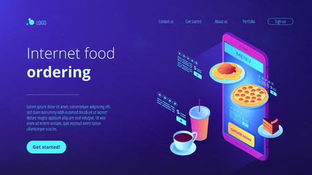 Choose fast food and drink on menu online with smartphone app and order now. Online order, internet food ordering, digital restaurant menu concept. Isometric 3D website app landing web page templateのイラスト素材