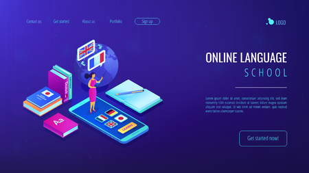 Tutor standing on smartphone and teaching foreign languages. Online language school, recorded digital class, online language tutor concept. Isometric 3D website app landing web page templateのイラスト素材
