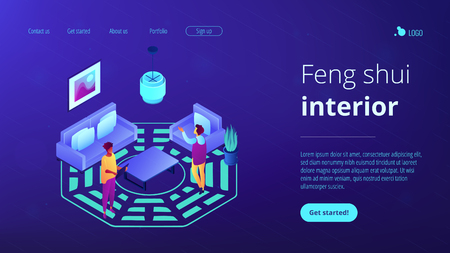 Feng shui consultant rearranges space for positive energy flow, tiny people. Feng shui interior, feng shui designer, home decor philosophy concept. Isometric 3D website app landing web page templateのイラスト素材