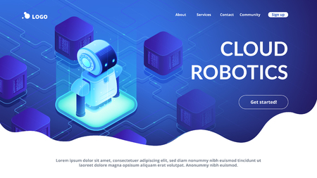 Modern robot connected to network. Cloud robotics and networking, robot monitoring and internet, robotics system and technology concept. Isometric 3D website app landing web page templateのイラスト素材