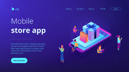 Buyers with digital devices shopping with mobile app at smartphone with gifts. Mobile store app, gift-buying application, mobile gift shop concept. Isometric 3D website app landing web page templateのイラスト素材