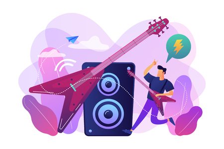 Guitarist playing the electric guitar at concert, tiny people. Rock music style, rock and roll party, rock music festival concept. Bright vibrant violet vector isolated illustrationのイラスト素材