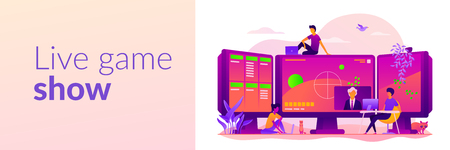 E-sports streaming, live game show, online streaming business concept. Vector banner template for social media with text copy space and infographic concept illustration.のイラスト素材