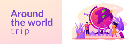Traveling the world, worldwide adventure, around the world trip concept. Vector banner template for social media with text copy space and infographic concept illustration.のイラスト素材