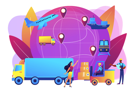 Warehouse worker transporting goods. Freight shipping types. Business logistics, smart logistics technologies, commercial delivery service concept. Bright vibrant violet vector isolated illustrationのイラスト素材