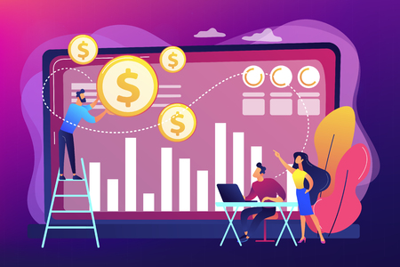 Tiny business people and analysts transforming data into money. Data monetization, monetizing of data services, selling of data analysis concept. Bright vibrant violet vector isolated illustrationのイラスト素材