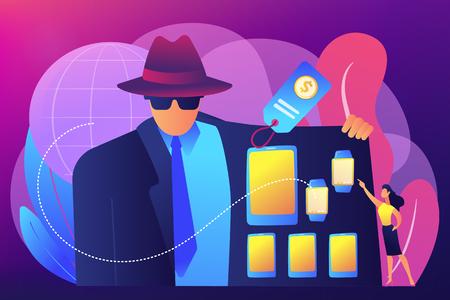 Retailer in raincoat sells digital devices to customer, tiny people. Gray market, electronics parallel market, illegal commercial channel concept. Bright vibrant violet vector isolated illustrationのイラスト素材