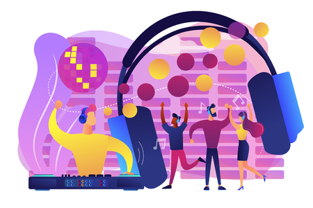 Young people dancing in night club, listening to music, DJ concert. Silent disco, headphones party, quiet rave party, silent disco equipment concept. Bright vibrant violet vector isolated illustrationのイラスト素材