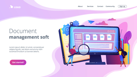 Tiny business people with magnifier work with document management on computer. Document management soft, document flow app, compound docs concept. Website vibrant violet landing web page template.のイラスト素材