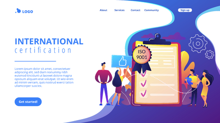 Tiny business people like standard for quality control. Standard for quality control, ISO 9001 standard, international certification concept. Website vibrant violet landing web page template.のイラスト素材