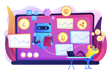 Cryptocurrency mining software, artificial intelligence for e business. Crypto trading bot, automated AI tradings, best bitcoin trading bot concept. Bright vibrant violet vector isolated illustrationのイラスト素材