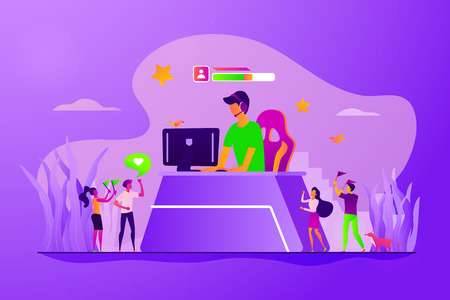 Professional streamer, digital leisure. Video blogger, gamer streaming live from home. E-sport fans, computer game fan, e-sport fan club concept. Vector isolated concept creative illustrationのイラスト素材