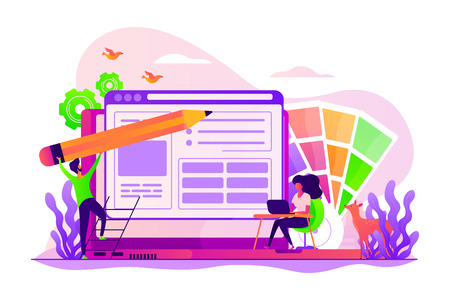 Website responsive ui, gui development business. Designers team working with laptops, create app ux. Web design, user Interface, User Experience concept. Vector isolated concept creative illustrationのイラスト素材