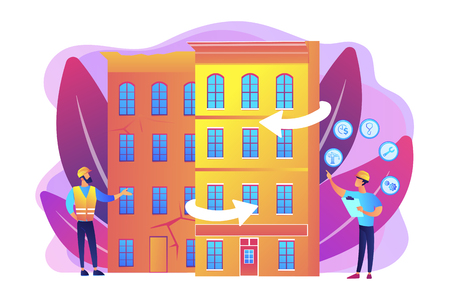 Residential house reconstruction, city renovation. Old buildings modernization, building up service, construction modernization solutions concept. Bright vibrant violet vector isolated illustrationのイラスト素材