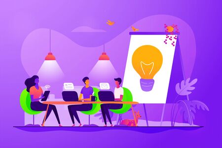 Remote work, colleagues brainstorming and searching solution. Coworking of freelancers, teamwork and communication, independent activity concept. Vector isolated concept creative illustrationのイラスト素材