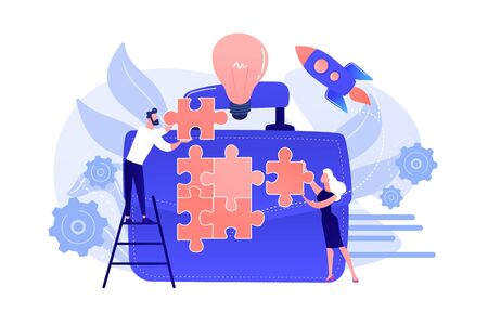 Business people joining puzzle pieces and huge briefcase with bulb. Business meeting and partnership, make a deal concept on white background. Coral pink palette vector isolated illustration.のイラスト素材
