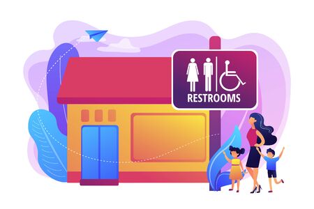 Mother with kids going to wc, bathroom. Rest room sign. Public restrooms, public toilet facilities, public restroom rules and regulations concept. Bright vibrant violet vector isolated illustrationのイラスト素材