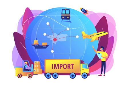 Company specializing in foreign products. Import of goods and services, import goods services, international sales process concept. Bright vibrant violet vector isolated illustrationのイラスト素材